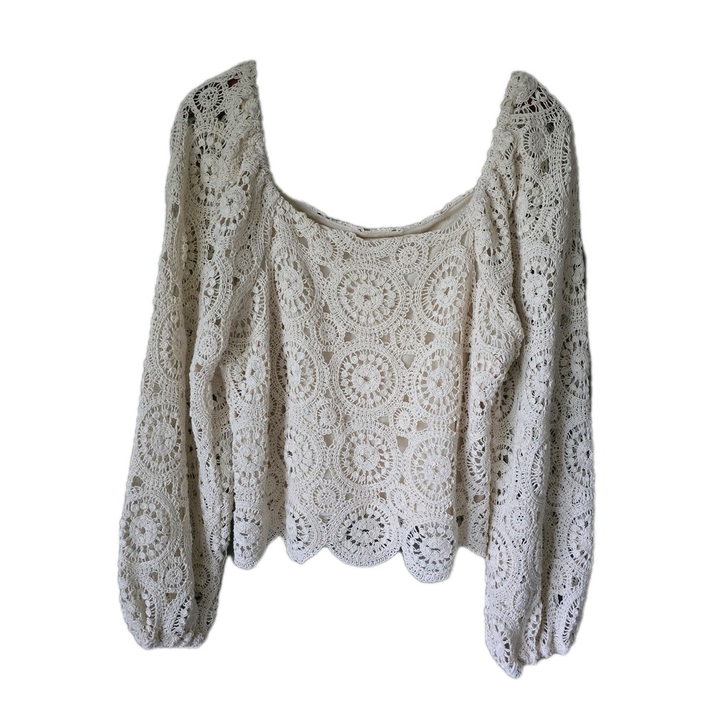 Flying Tomato Cream Crochet Puff Sleeve Top- Boho Cottagecore Blouse Large NWT